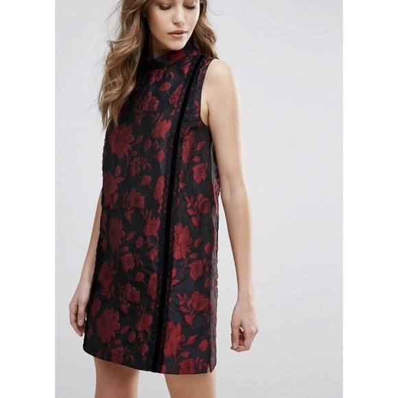 French Connection Dress 4 S Fast Betty Brocade Mock Neck Shift Red Black Brocade - Picture 1 of 10